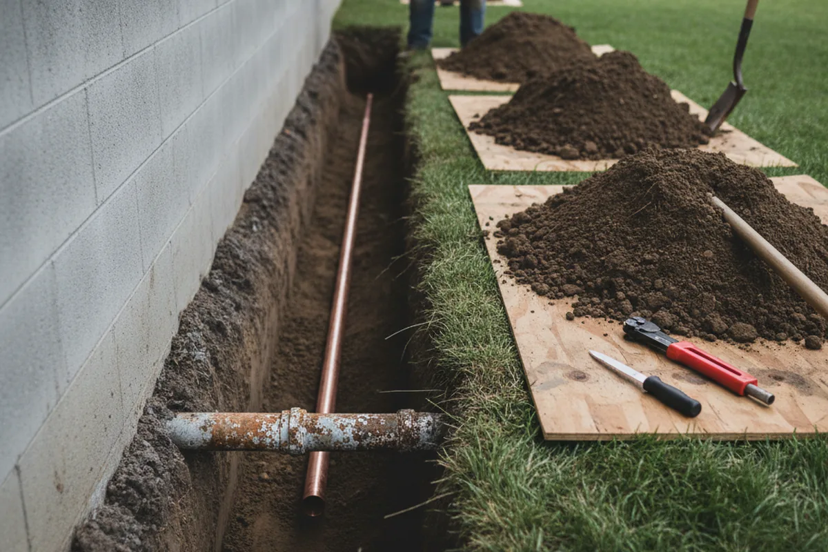 Excavated water line trench during Sewer Line Repair in Sharpsburg